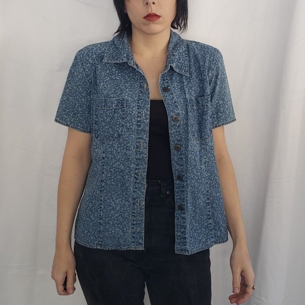 90s‎ Floral Denim Button Down Shirt